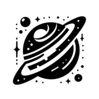 Stylized Monochrome Illustration of a Ringed Planet with Celestial Bodies and Stars, Minimalist Design. vector