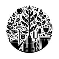 Monochromatic Garden Illustration Circle composition with foliage, tools, watering can, and fence, in a minimalist, botanical design. vector