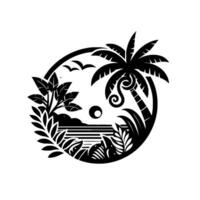 A stylized, circular blackandwhite illustration of a tropical scene, featuring a palm tree, ocean, birds, and lush vegetation. vector