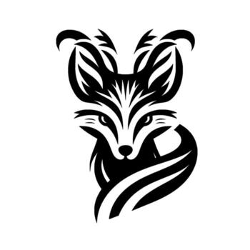 Stylized Black and White Fox Head with Intricate Pattern, Minimalist Design, Concentric Shapes, Symmetrical Composition, and a White Background. vector