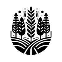 Monochrome Wheatfield Silhouette Trees, Crops, and Rolling Hills in a Circular, Minimalist for Agriculture and Nature. vector