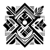 Symmetrical Geometric Black and White Illustration Featuring Linear Patterns, Dots, and Abstract Floral Elements. vector
