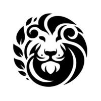 Bold Black and White Lion Crest Circular featuring a stylized lion head with swirling mane and laurel branch, on a clean white backdrop. vector