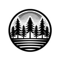Black and white minimalist forest scene illustration within a circular frame, featuring stylized pine trees, horizontal lines for sky and foreground. vector