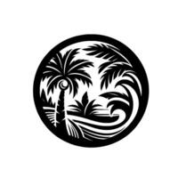 Black and White Circular Silhouette Palm Trees and Waves Depicting a Tropical Coastal Scene. vector
