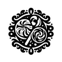 Intricate Black and White Lollipop Ornament Design, Featuring Swirls and Ornate Decorative Border in a Symmetrical Composition. vector