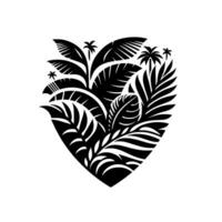 A monochromatic tropical shield featuring stylized palm trees and lush leaf arrangements on a white background. vector