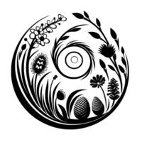 A symmetrical black and white illustration of diverse floral elements arranged in a circular pattern, with a central spiral. vector