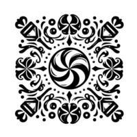 Symmetrical Black and White CandyThemed Square Composition with Swirl Lollipop Center, Decorative Floral Elements, and Geometric Candies. vector