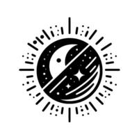 Symbolic Black and White Celestial Icon Moon, Stars, and Sun Elements in a Circular, Linear with Radiating Accents. vector
