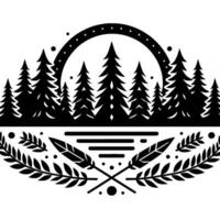Black and white illustration featuring a forest scene framed by a dotted arch, crossed feathers, and foliage elements, creating a balanced, symmetrical design. vector