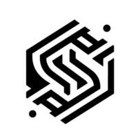 Abstract Hexagon with Labyrinthine Black Lines and Geometric Shapes on White Background. vector