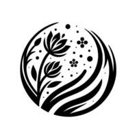 Elegant black and white floral emblem within a circular frame, depicting stylized flowers and organic shapes, evoking natures simplicity. vector