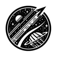 Retrofuturistic black and white circular emblem depicting a rocket streaking through space, featuring planets, stars, and a ringed planet. vector