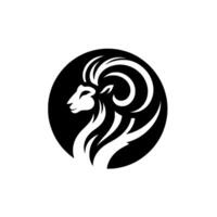 Minimalist Black and White Featuring Ram Head Silhouette Inside a Circle, Geometric Illustration. vector