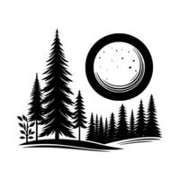 Black and White Silhouette Forest of Pine Trees and a Moon with Craters in a Flat, Minimalist Style on a White Background vector