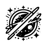 Abstract, minimalist black and white illustration of a planet with intersecting rings, stars, and celestial elements, against a white backdrop. vector