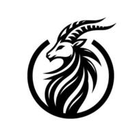 Stylized Black and White Ibex Head Within a Circle, Featuring Horns, Fur, and a Bold, Modern Aesthetic. vector
