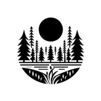 A minimalist black and white circular depicting a forest scene with pine trees, a full moon, and stylized water and flora elements. vector