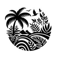 Black and White Circular Tropical Scene with Palm Tree, Birds, Mountains, and Lush Foliage, Representing Paradise vector