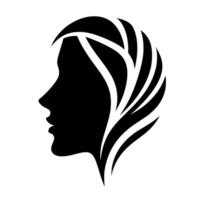 Silhouette of a womans profile in black against a white background, featuring stylized hair with white linear strokes. vector
