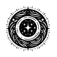 Intricate Black and White Celestial Mandala Depicting Stars, Orbits, and Cosmic Patterns Within a Symbolic Circular Design. vector