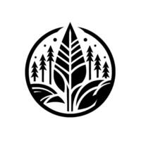 Stylized black and white circular emblem featuring a central leaf, evergreen trees, and minimalist landscape elements, evoking nature and simplicity. vector