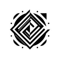 Geometric Abstract Composition Black and white, symmetrical with a diamondshaped core, surrounded by a circular frame, contrasting shapes, and dot accents. vector