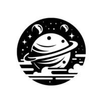 Black and White Illustration of a Planet with Rings, Stars, and Clouds, Enclosed in a Circular Frame. vector