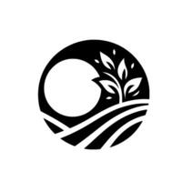 Minimalist black and white circular featuring a stylized tree with leaves emerging from tiered farmland, partially framing a blank white orb, symbolizing growth and nature. vector