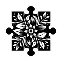 Black and white puzzle piece featuring floral patterns and stylized leaves radiating from a central flower. vector