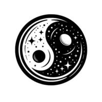 Cosmic Yin Yang Celestial Balance in Black White, Featuring Stars, Planets, and a Lunar Crescent in a Harmonious Circular Composition. vector