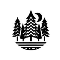 Silhouette of a tranquil forest scene, with pine trees under a crescent moon, enclosed in a circular border. vector