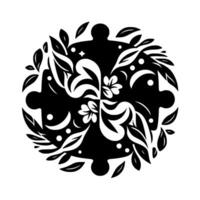 Intricate black and white circular with four stylized figures, floral elements, and a dotlike detail, on a white background. vector