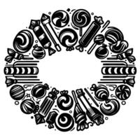 A circular monochrome illustration showcasing an assortment of stylized candy, lollipops, and sweets arranged in a decorative frame. vector