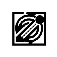Abstract geometric design, a black and white square with a unique emblem featuring circles, lines, and a central sphere. vector