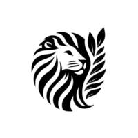 Elegant black and white lion crest design, stylized with flowing mane and a decorative laurel branch, set against a clean white backdrop. vector