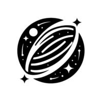 Black and white minimalist illustration of a cosmic object with rings, stars, and a moon against a white backdrop, evoking space and science themes. vector