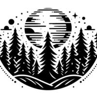 Black and White Night Scene Silhouetted Evergreen Forest Under a Striped Moon with Stars, Clouds, and Dots in a Round Composition. vector