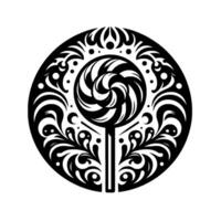 Intricate Black and White Lollipop within a Circular Ornate Floral Frame Symbolic Art vector