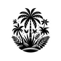 Monochromatic Tropical Paradise A stylized, circular illustration featuring a collection of palm trees, foliage, and a hint of land, all within a minimalist, elegant design. vector