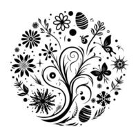 Black and White Circular Floral with Butterflies, Easter Eggs, and Decorative Elements vector