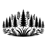 Black and White Stylized Forest Silhouette with Evergreen Trees, Bushes, Plants and Long Grass on a White Background. vector