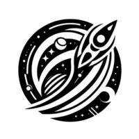 Black and White Cosmic Journey A stylized rocket streaks through a celestial sphere filled with planets, stars, and orbits. vector