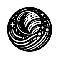 Black and White Circular Space Illustration with Planet, Stars, and Curving Lines Cosmic Design. vector