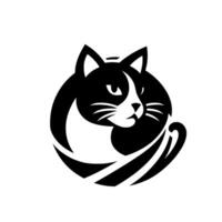 Stylized Black and White Cat Depicting a Curious Feline Within a Circular Frame, Featuring Bold Lines and a Playful Tail vector