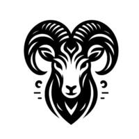 Bold, black and white illustration of a rams head with large curved horns, representing the astrological sign Aries, on a clean white background. vector