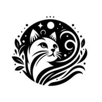 Black and white illustration Stylized cat portrait within a celestial circle featuring moon, star, leaves, and flowing designs. vector