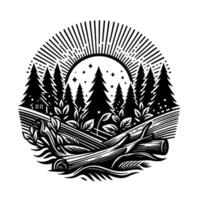 A stylized black and white forest scene, featuring a log, pine trees, sunburst, moon, stars, and cabin, creating a natureinspired design. vector