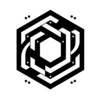 Geometric black and white symmetrical featuring overlapping hexagon patterns and accent dots, creating a modern abstract visual. vector